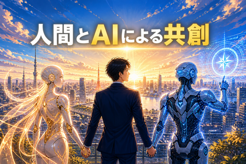 ChatGPTとGeminiと人間による共創をイメージした画像